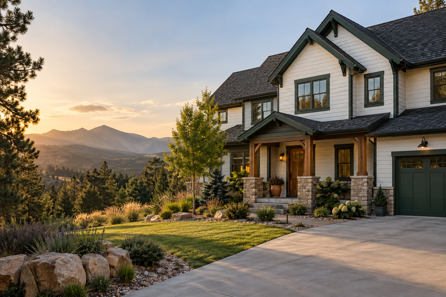 Illustration of a contemporary Colorado home against foothills